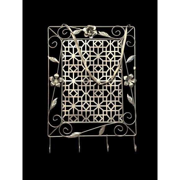 Decorative Floral Design Silver Metal Wall Hanging Jewelry Organizer With 4 Hook - Picture 4 of 13